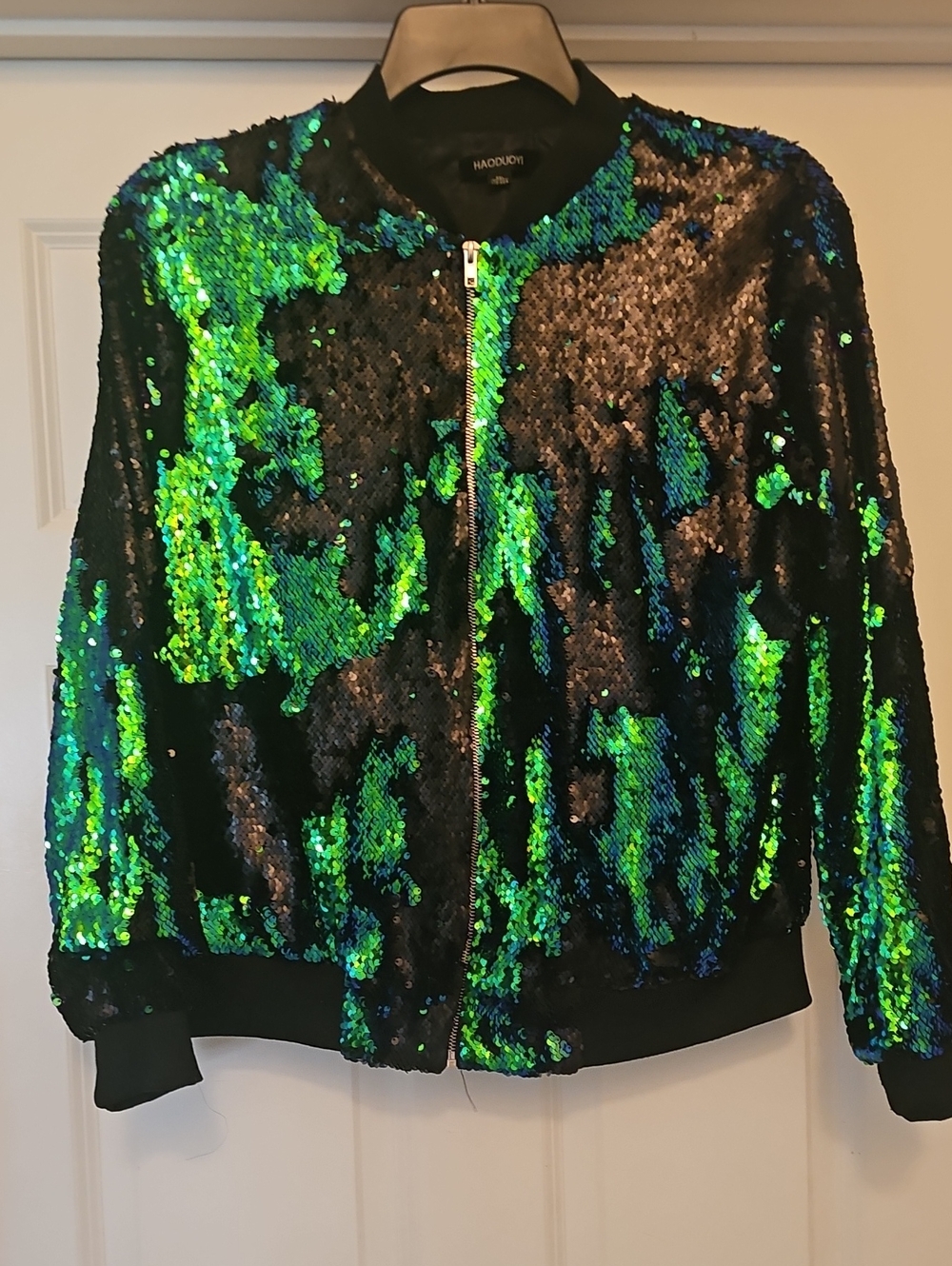 Reversible Sequin Bomber Jacket in Green and Black
